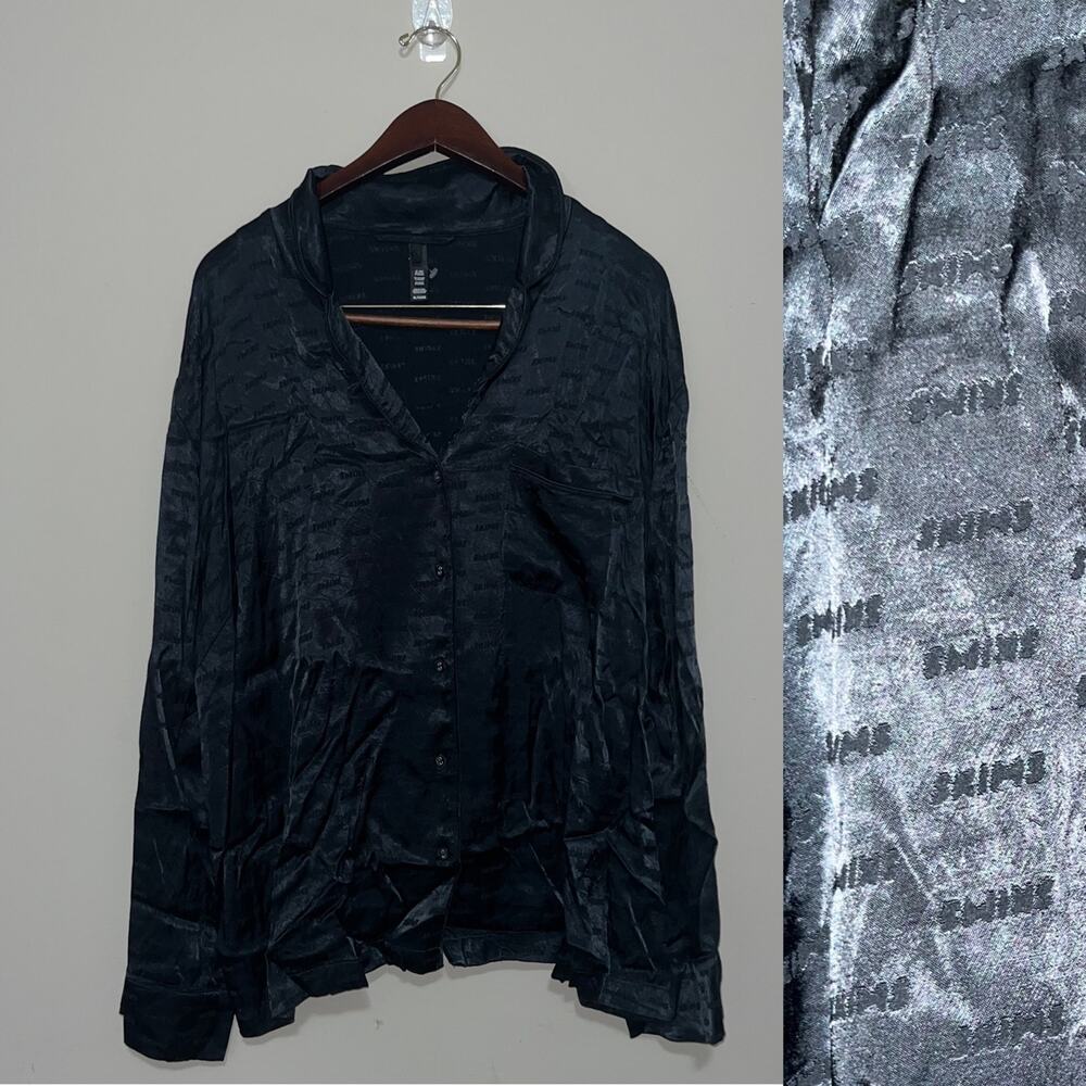 SKIMS Jacquard Women Oversized Black Onyx Satin Long Sleeve Button-Up (0907)
